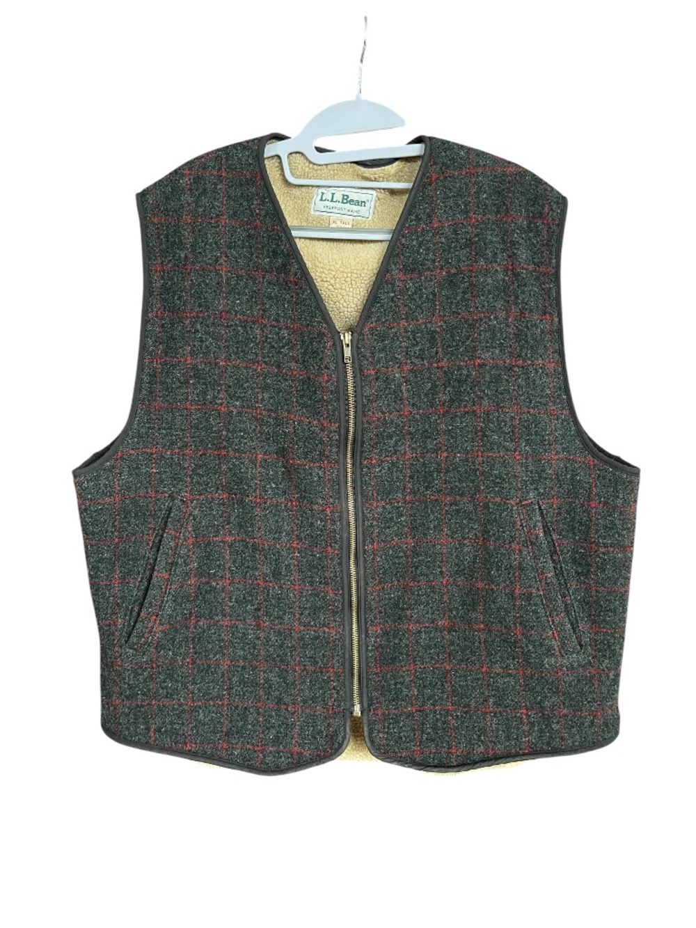 VTG LL Bean Red & Grey Wool Plaid Sherpa Lined Zippered Vest Size XL Tall